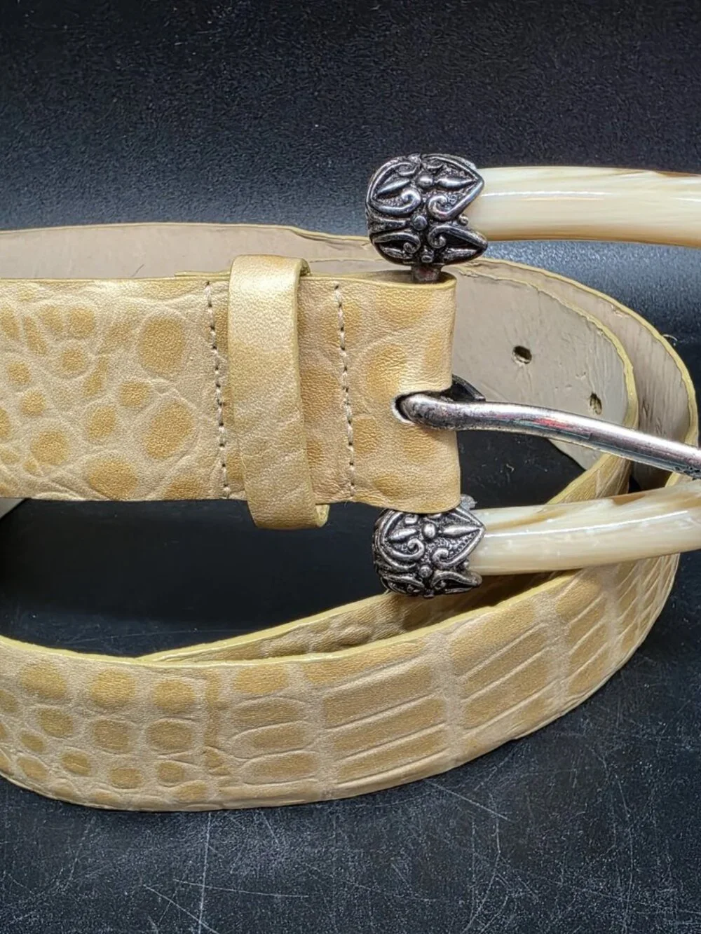 Sandy Duftler Vintage Embossed Crocodile Print Leather Belt #6373 Small Cowgirl